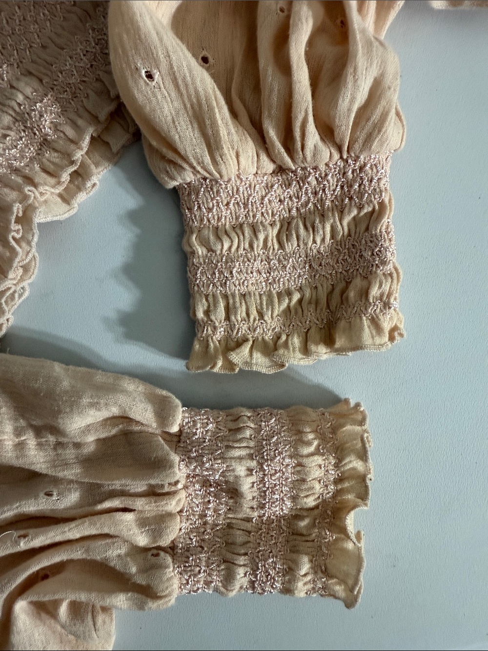 Free People Blush Pink Eyelet Smocked Waist Blouse Size Medium Feminine - Picture 5 of 11